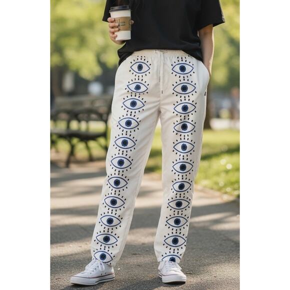 White Evil Eye Joggers Witchy Boho Whimsygoth Streetwear Festival Pants XL - Picture 1 of 12